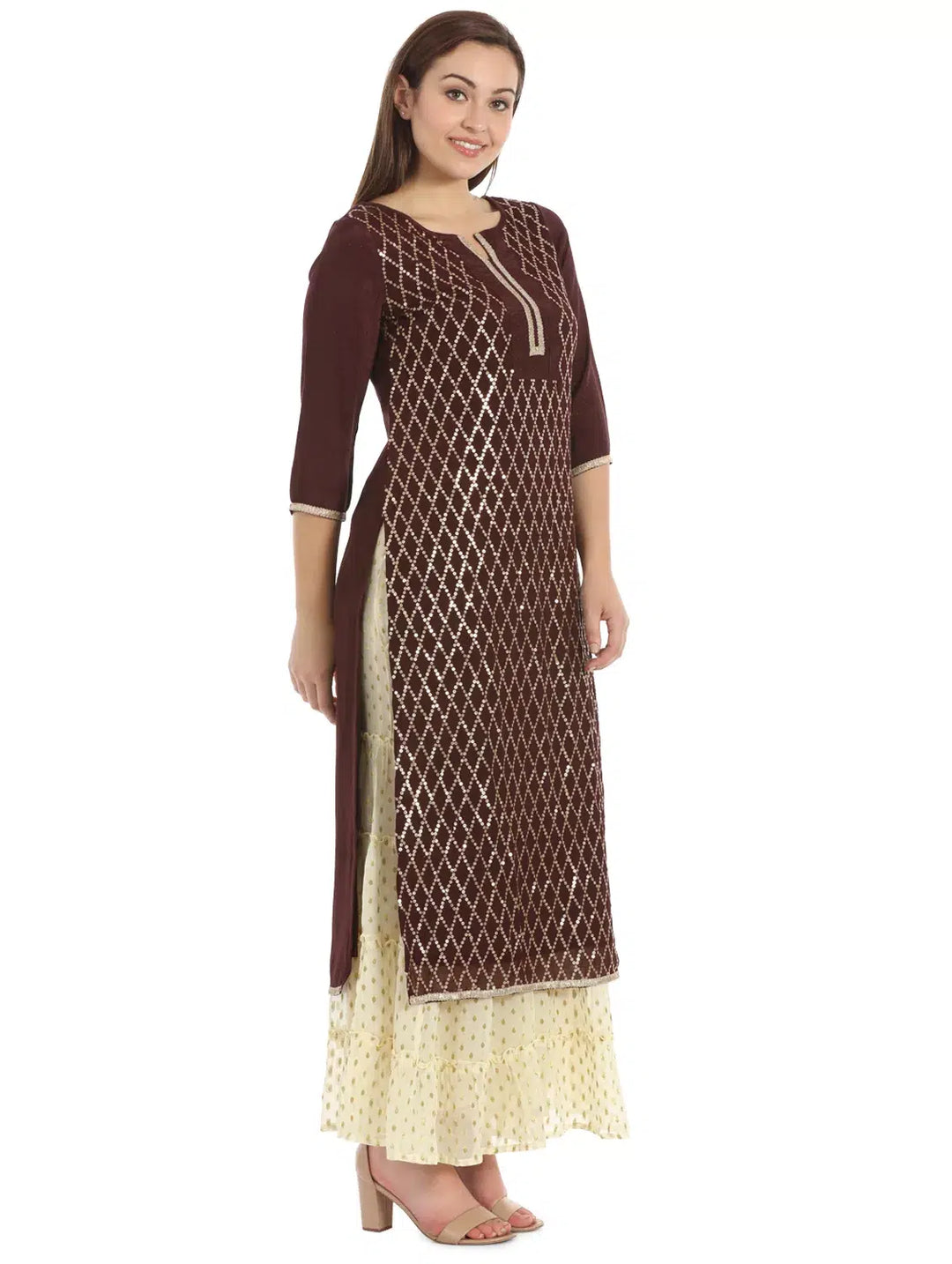 Brown sequence Chiffon Embroidered Ensemble Kurta