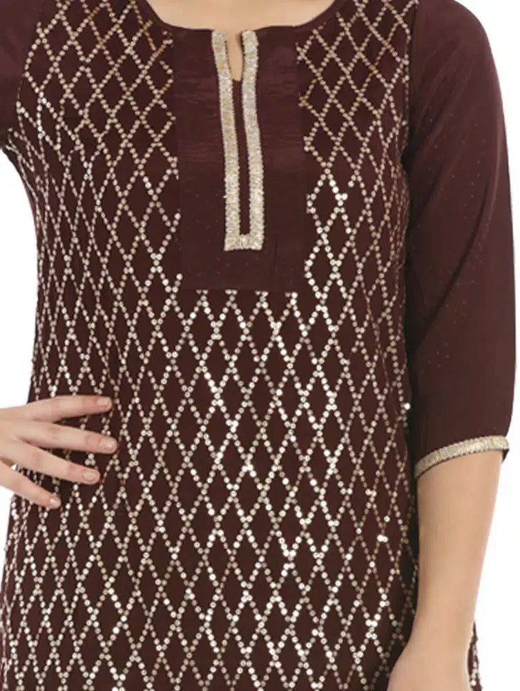 Brown sequence Chiffon Embroidered Ensemble Kurta