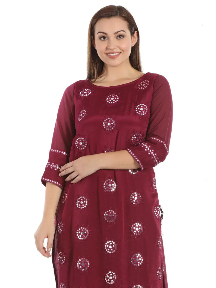 Wine Viscose Chiffon Silk Kurti