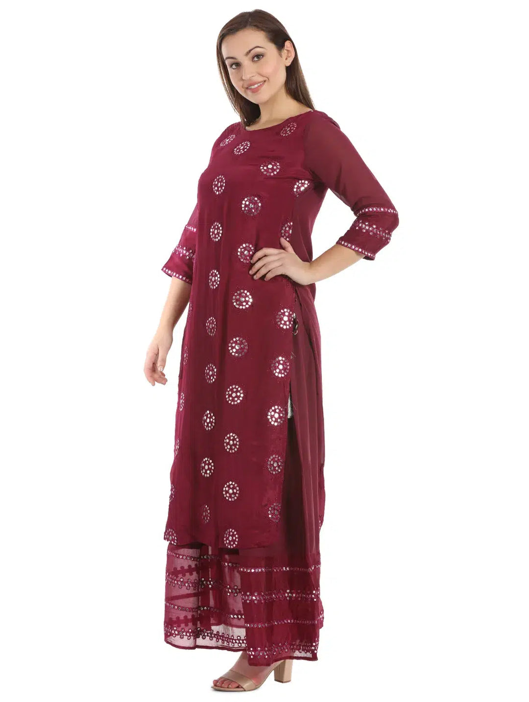 Wine Viscose Chiffon Silk Kurti