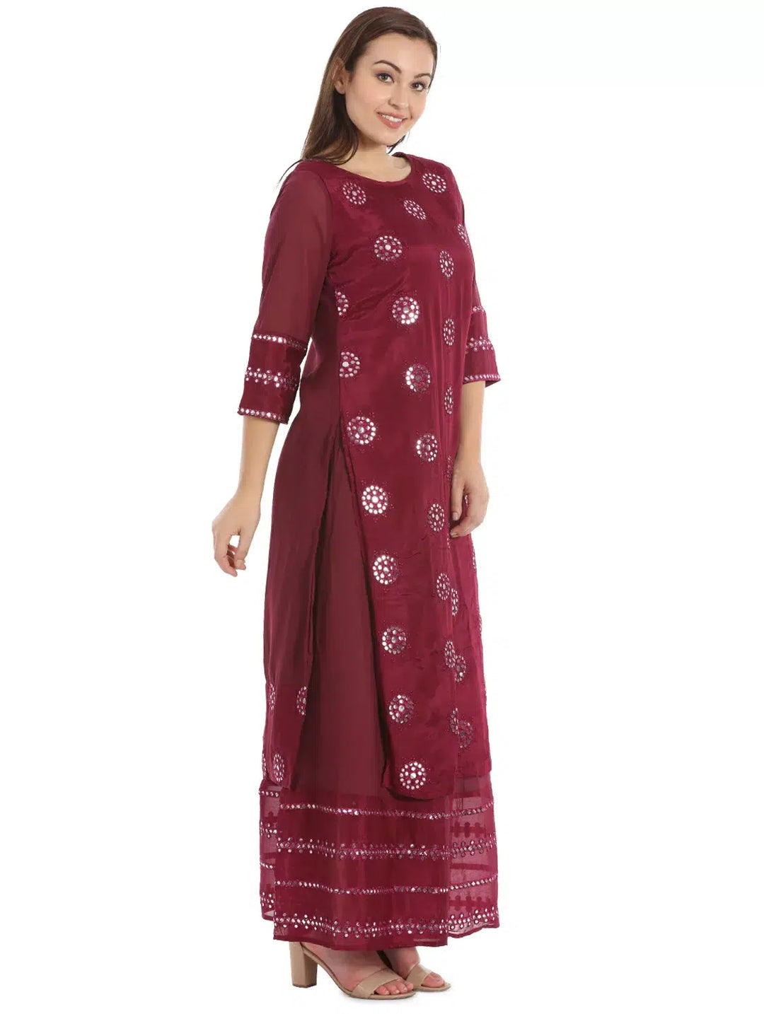Wine Viscose Chiffon Silk Kurti