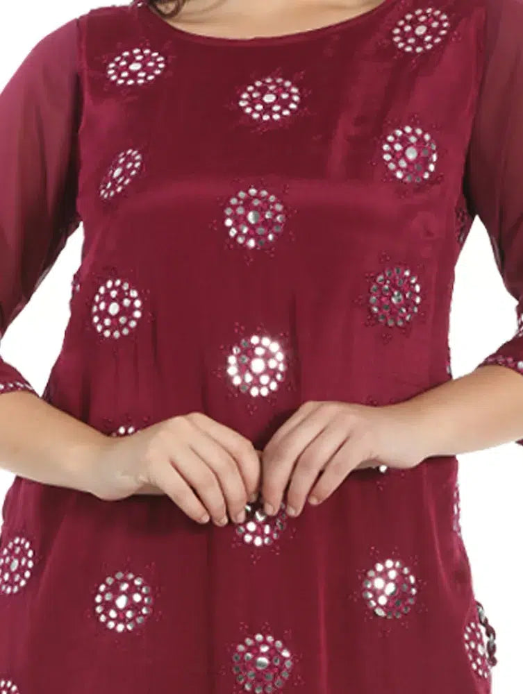 Wine Viscose Chiffon Silk Kurti