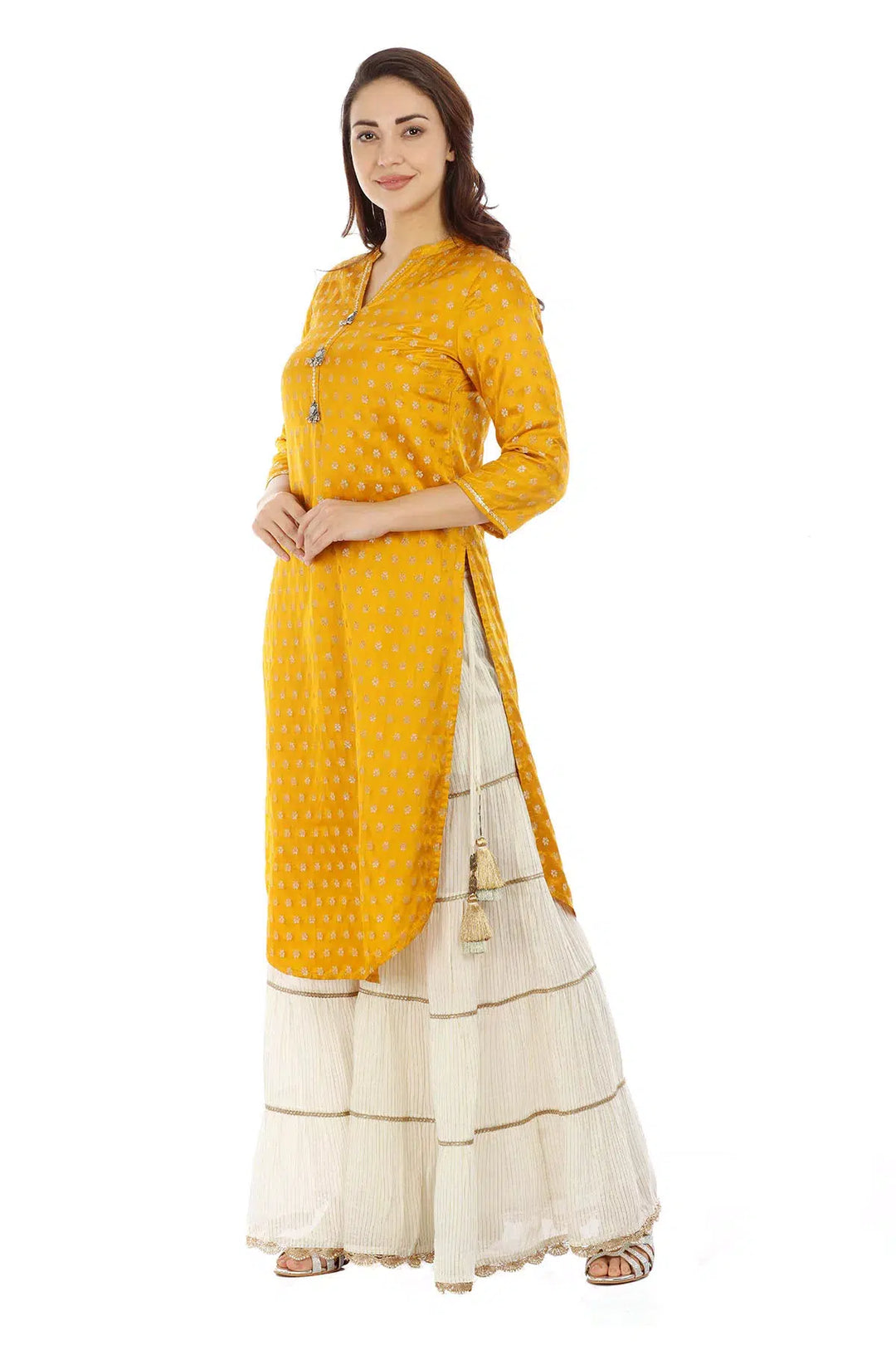 Yellow Bamboo Silk Textured Ensemble Kurti