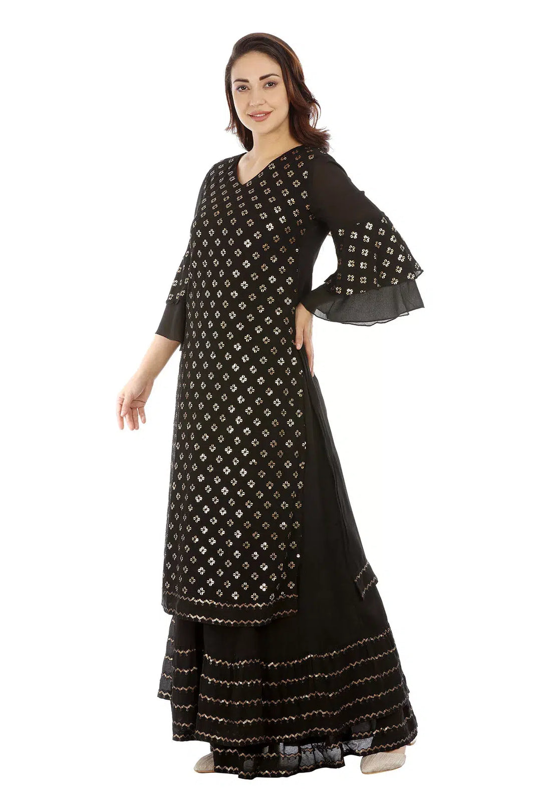Black Viscose Georgette Embellished Ensemble Kurti