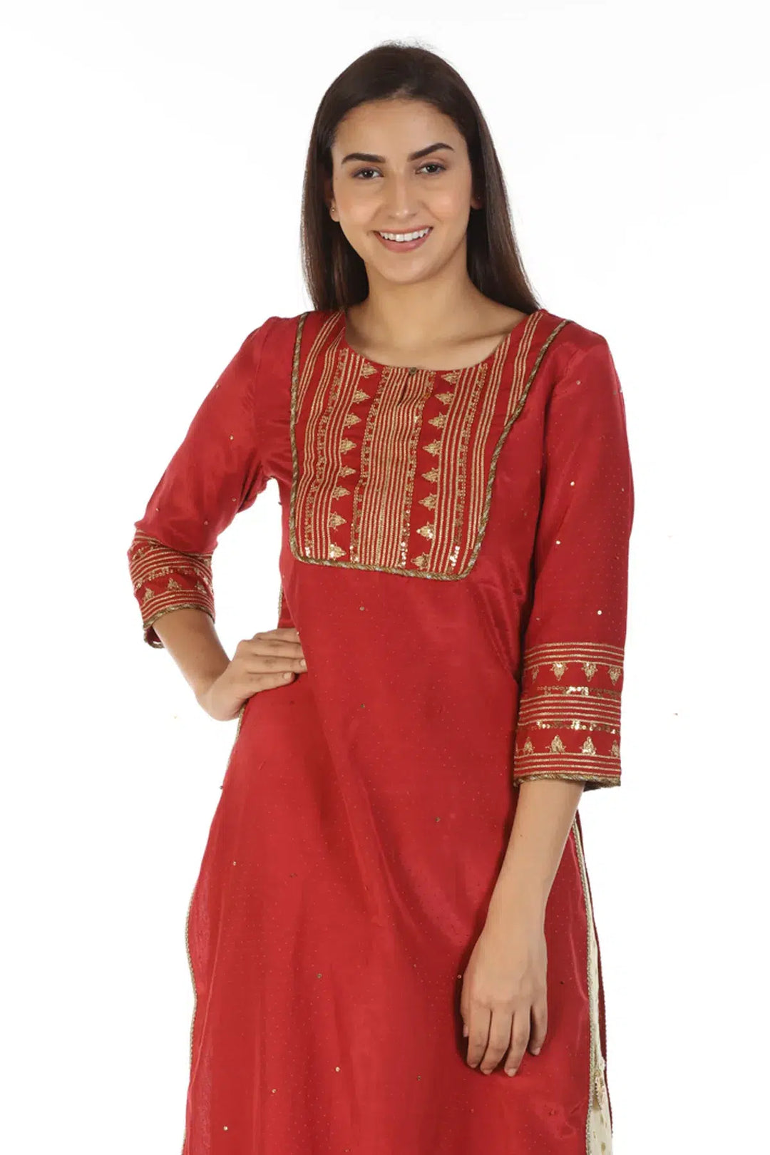 Embroidered Straight Cut Red Kurti