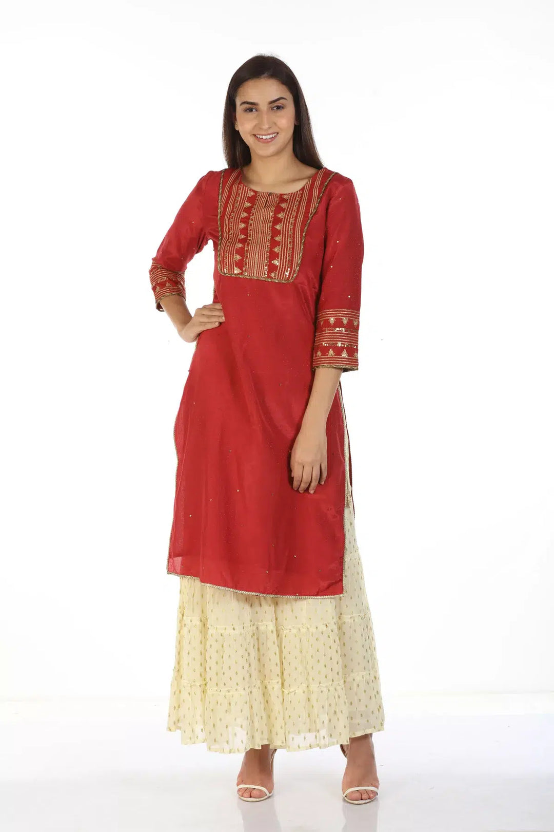 Embroidered Straight Cut Red Kurti