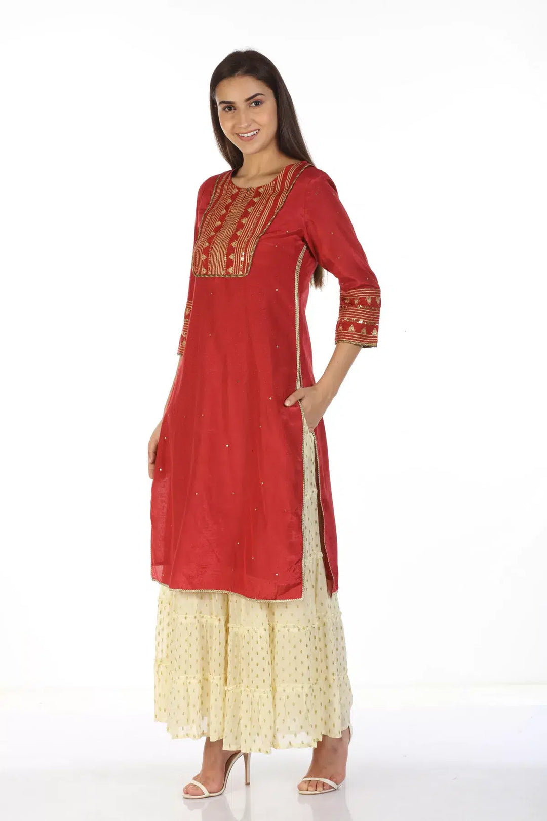 Embroidered Straight Cut Red Kurti