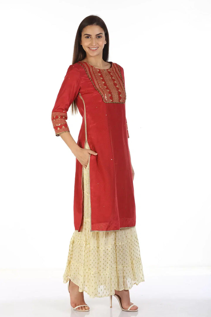 Embroidered Straight Cut Red Kurti