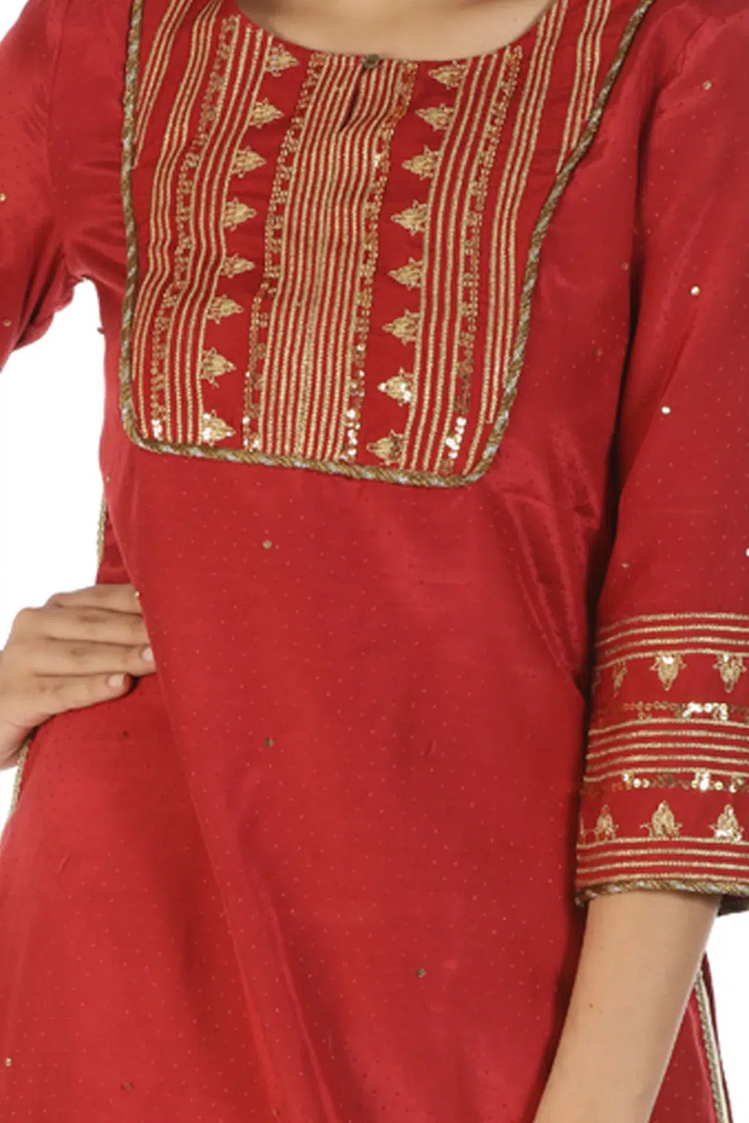 Embroidered Straight Cut Red Kurti