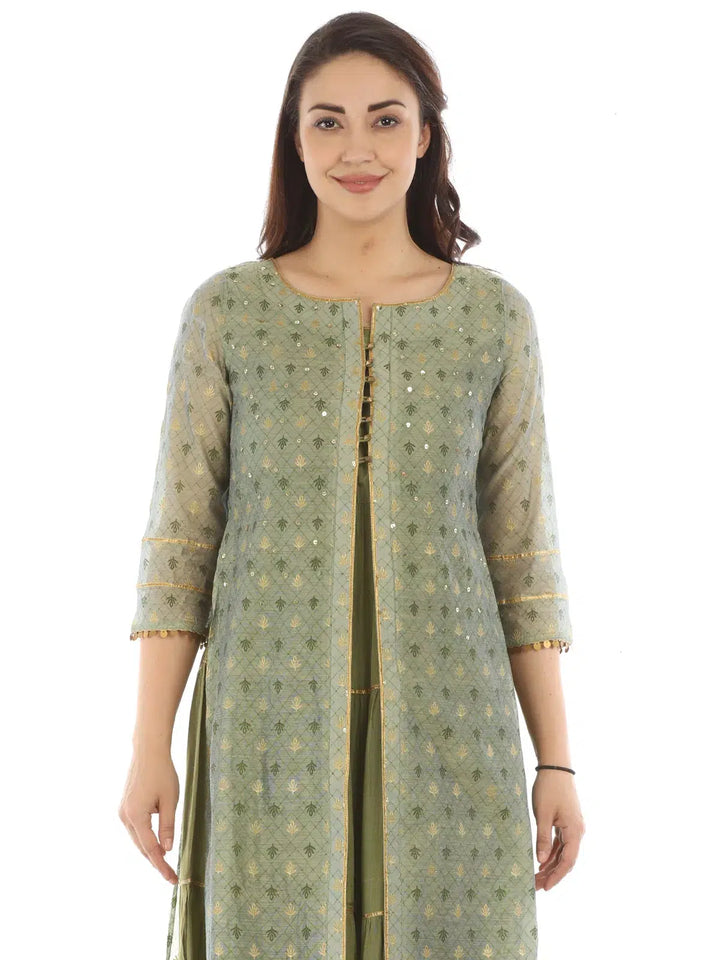 Olive Green Chanderi Printed Ensemble Kurti