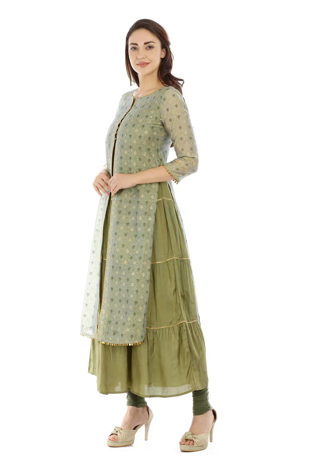 Olive Green Chanderi Printed Ensemble Kurti