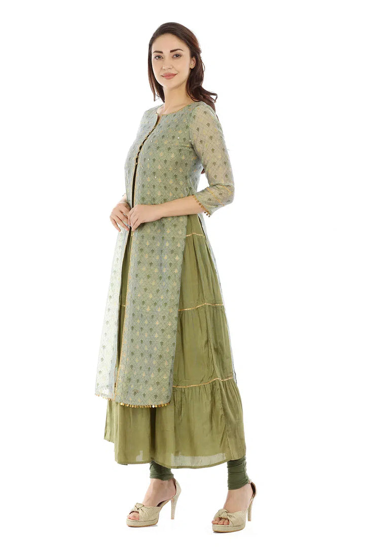 Olive Green Chanderi Printed Ensemble Kurti