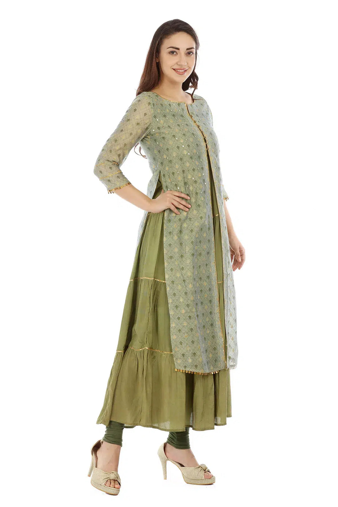 Olive Green Chanderi Printed Ensemble Kurti