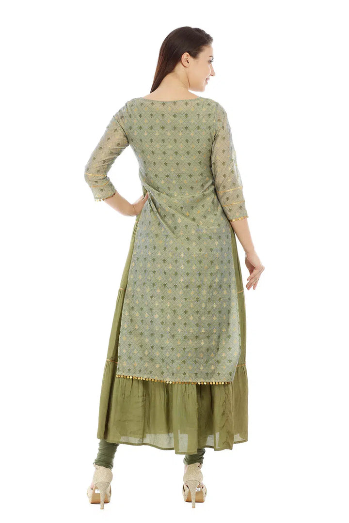 Olive Green Chanderi Printed Ensemble Kurti