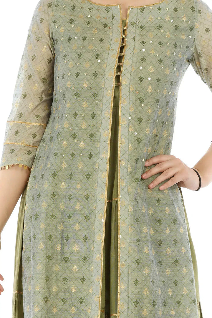 Olive Green Chanderi Printed Ensemble Kurti