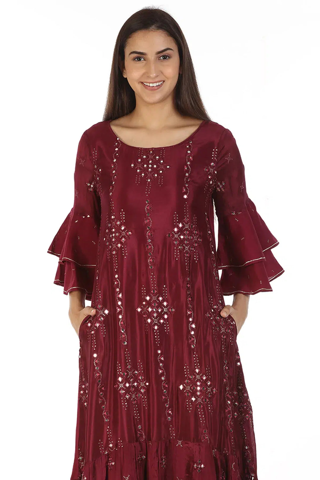 Chinnon Shantoon Embellished Ensemble Kurti with Flared Sleeves (Wine)