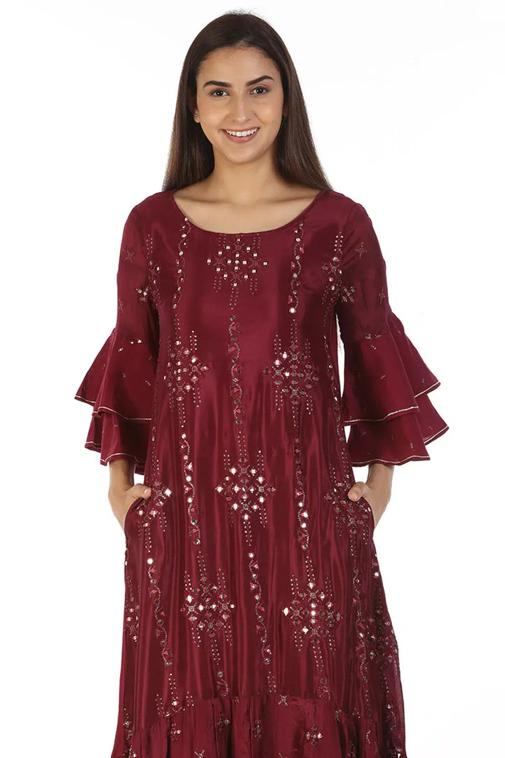 Chinnon Shantoon Embellished Ensemble Kurti with Flared Sleeves (Wine)