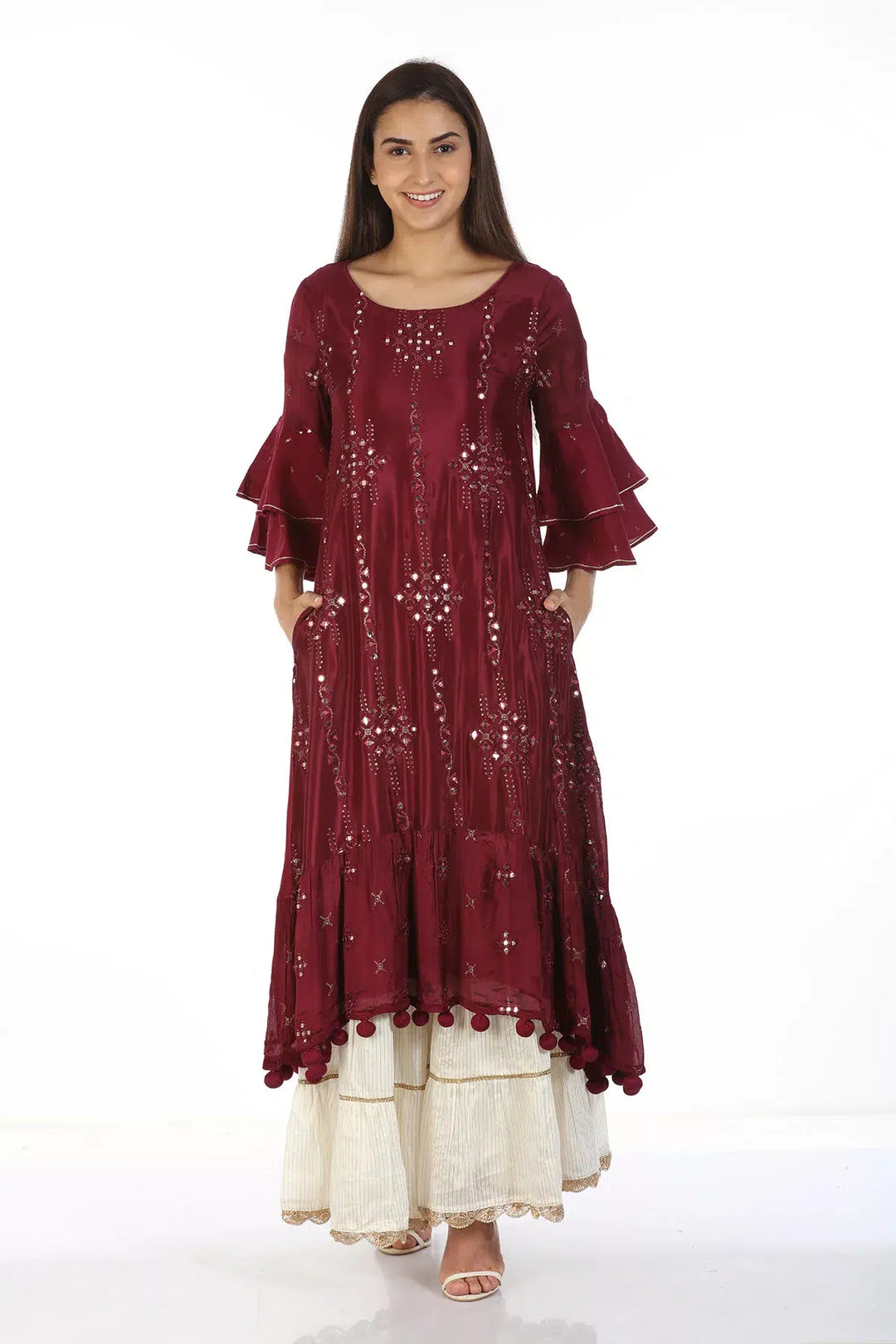 Chinnon Shantoon Embellished Ensemble Kurti with Flared Sleeves (Wine)
