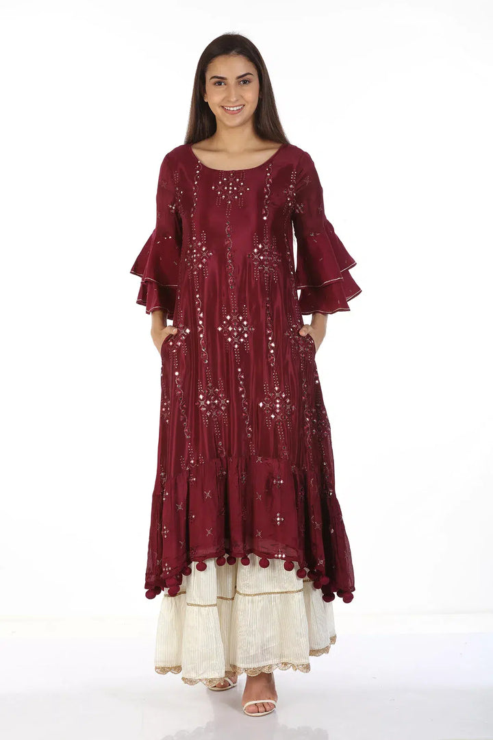 Chinnon Shantoon Embellished Ensemble Kurti with Flared Sleeves (Wine)