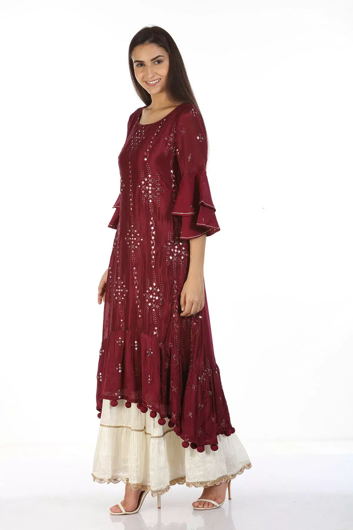 Chinnon Shantoon Embellished Ensemble Kurti with Flared Sleeves (Wine)