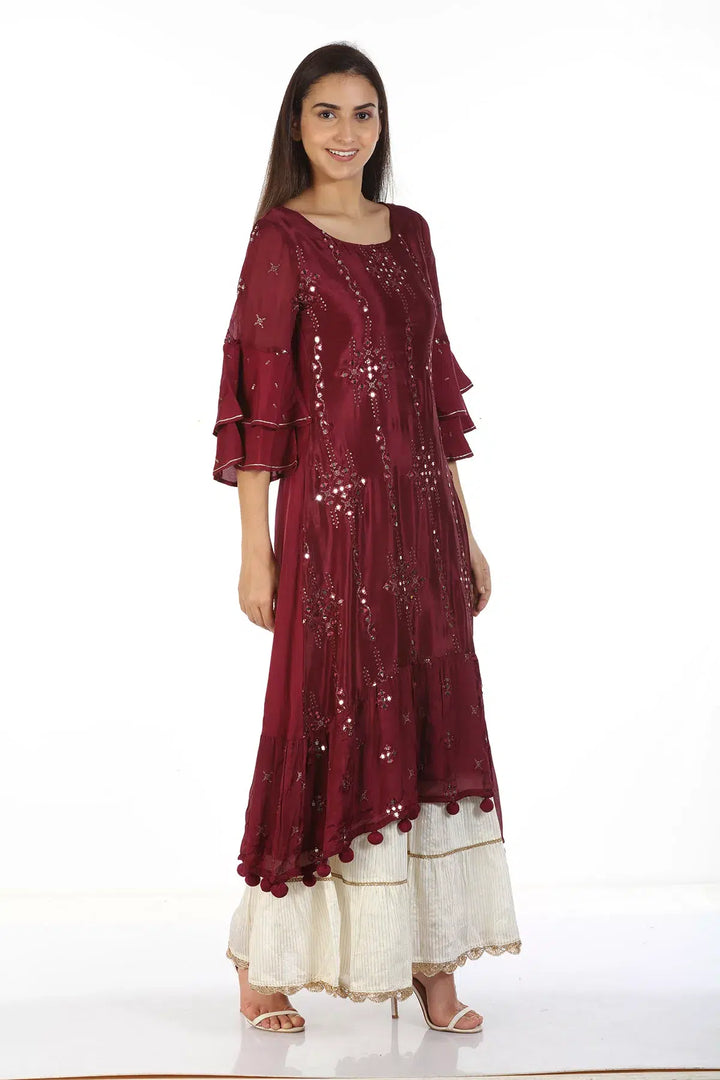 Chinnon Shantoon Embellished Ensemble Kurti with Flared Sleeves (Wine)