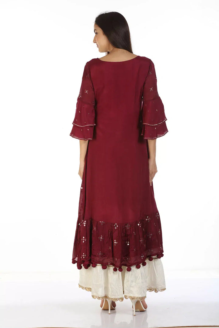 Chinnon Shantoon Embellished Ensemble Kurti with Flared Sleeves (Wine)
