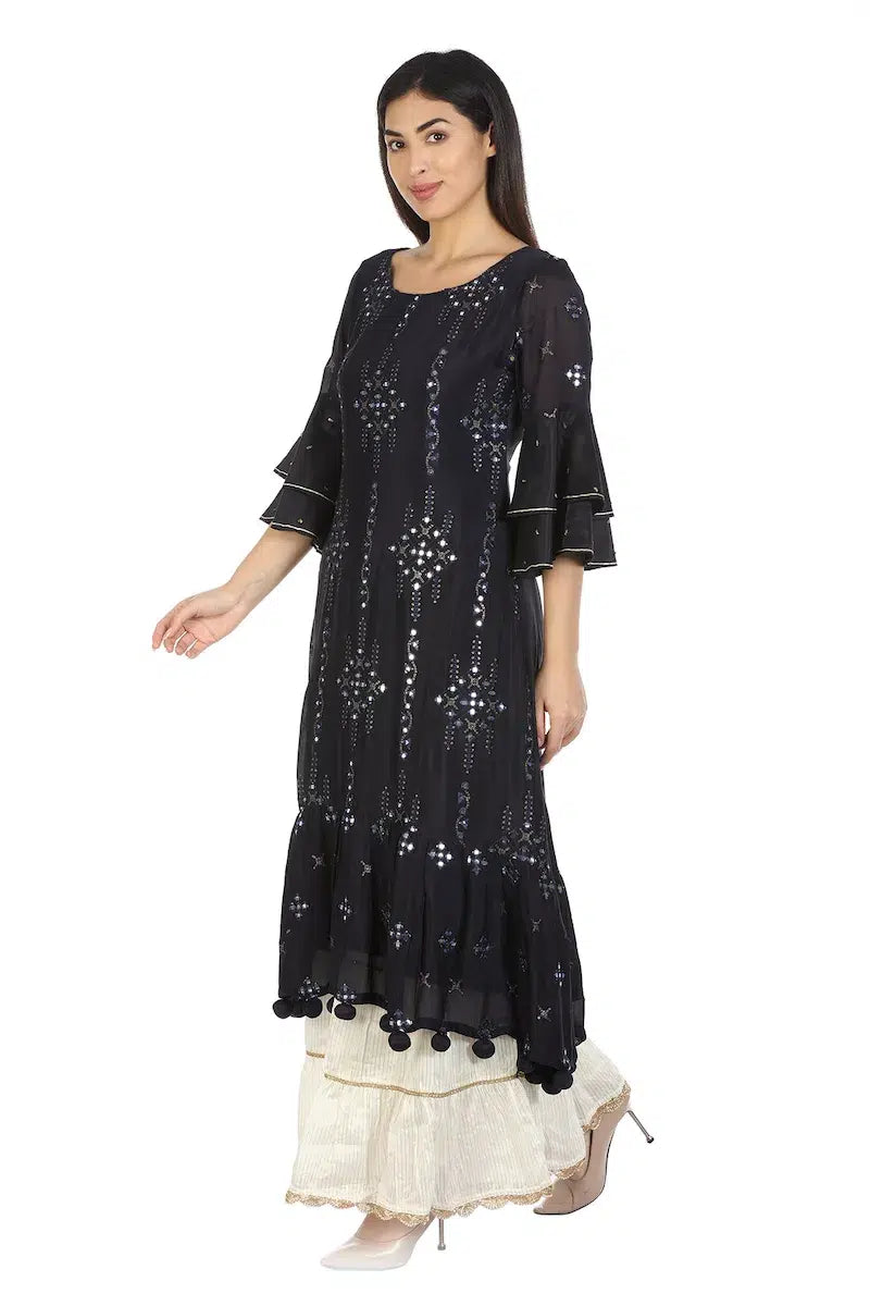 Charcoal Purple Embelished Chinnon and Shantoon Kurti