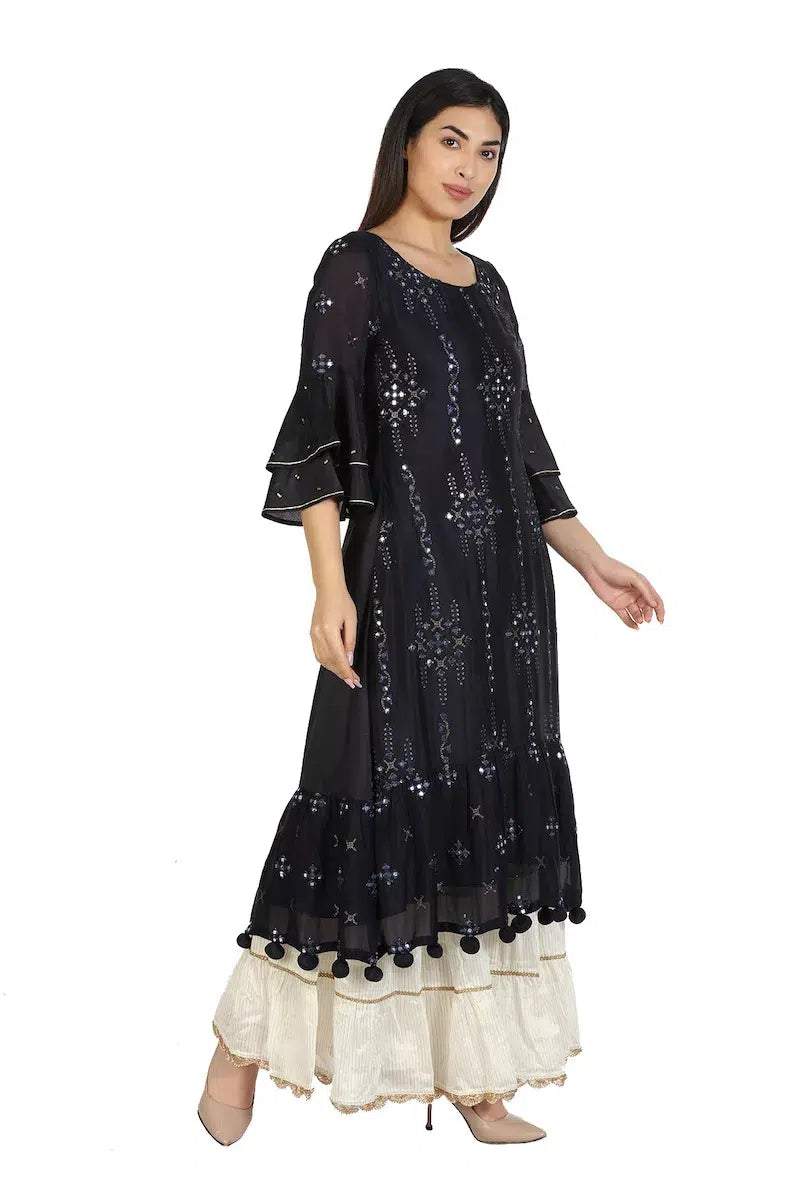 Charcoal Purple Embelished Chinnon and Shantoon Kurti