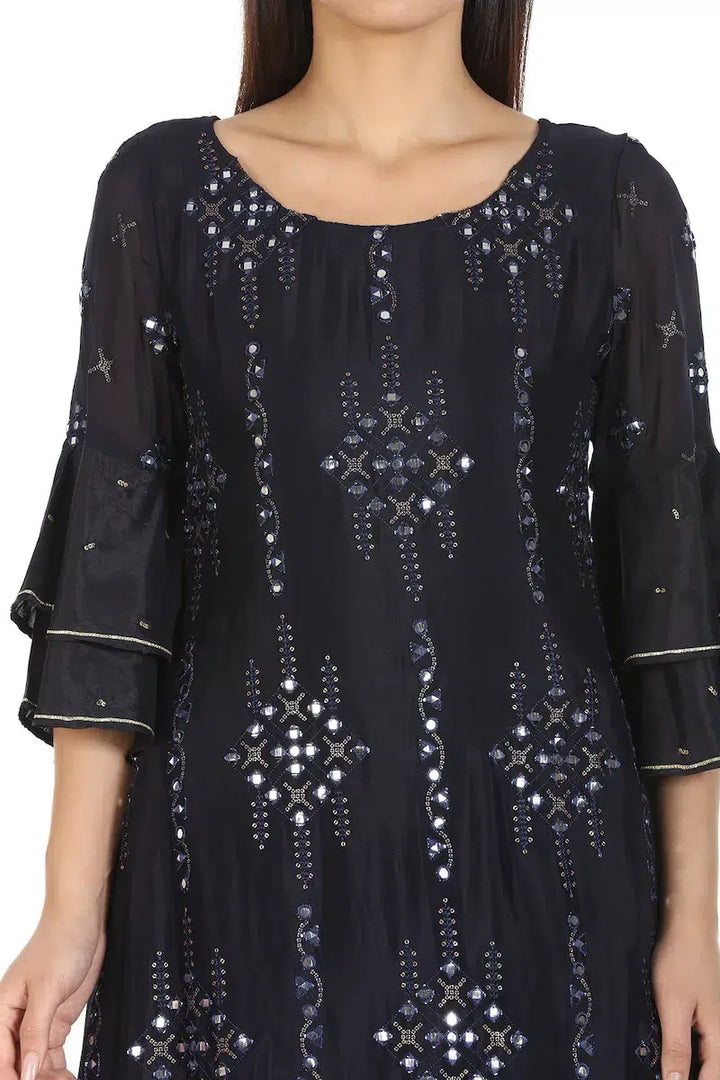 Charcoal Purple Embelished Chinnon and Shantoon Kurti