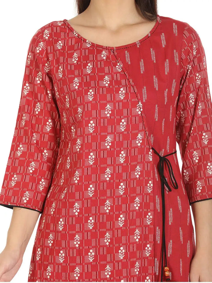 Red Angrakha Printed Kurti