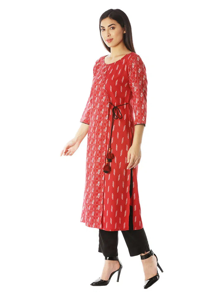 Red Angrakha Printed Kurti