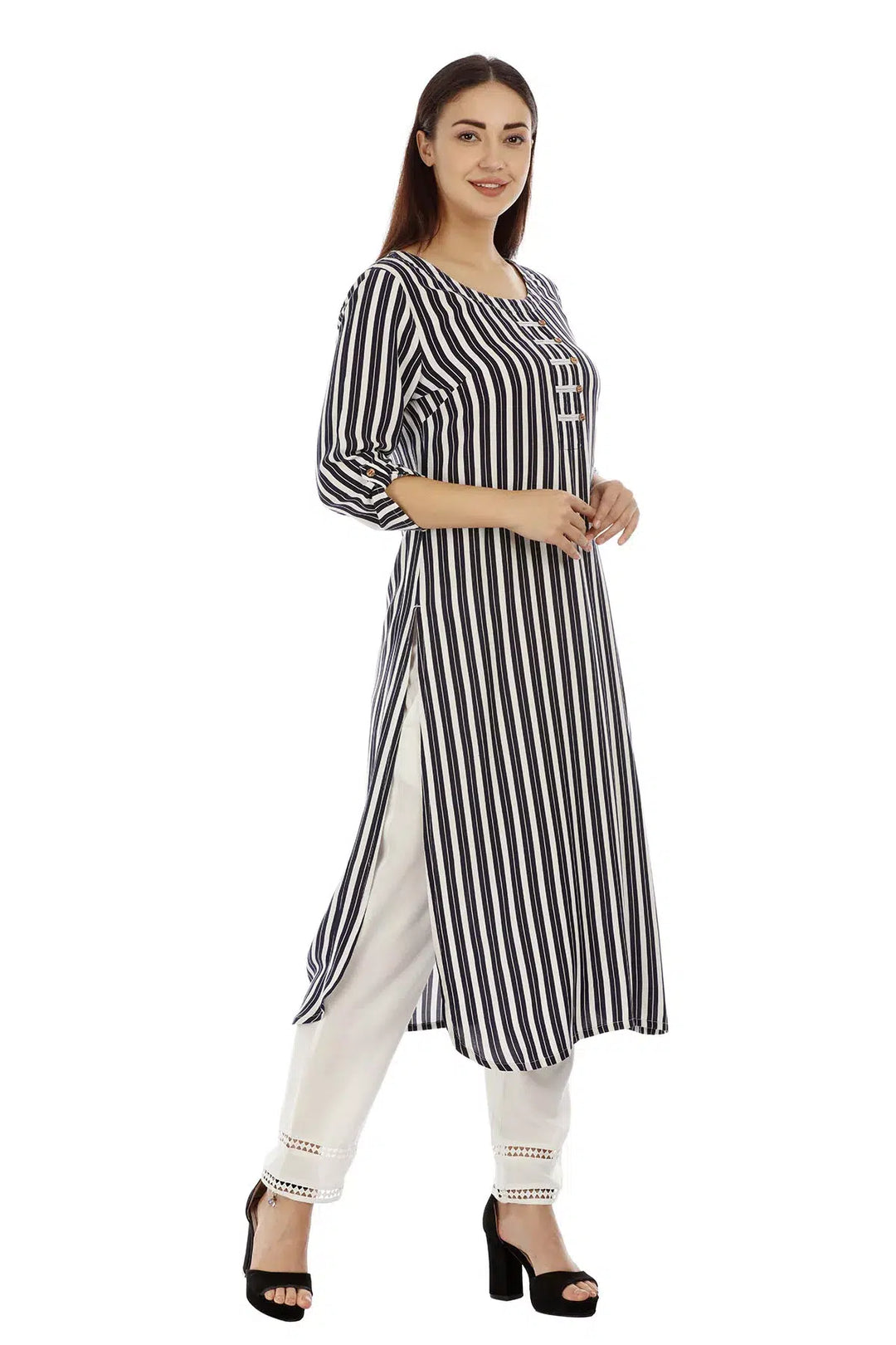 Navy Striped Viscose Kurti