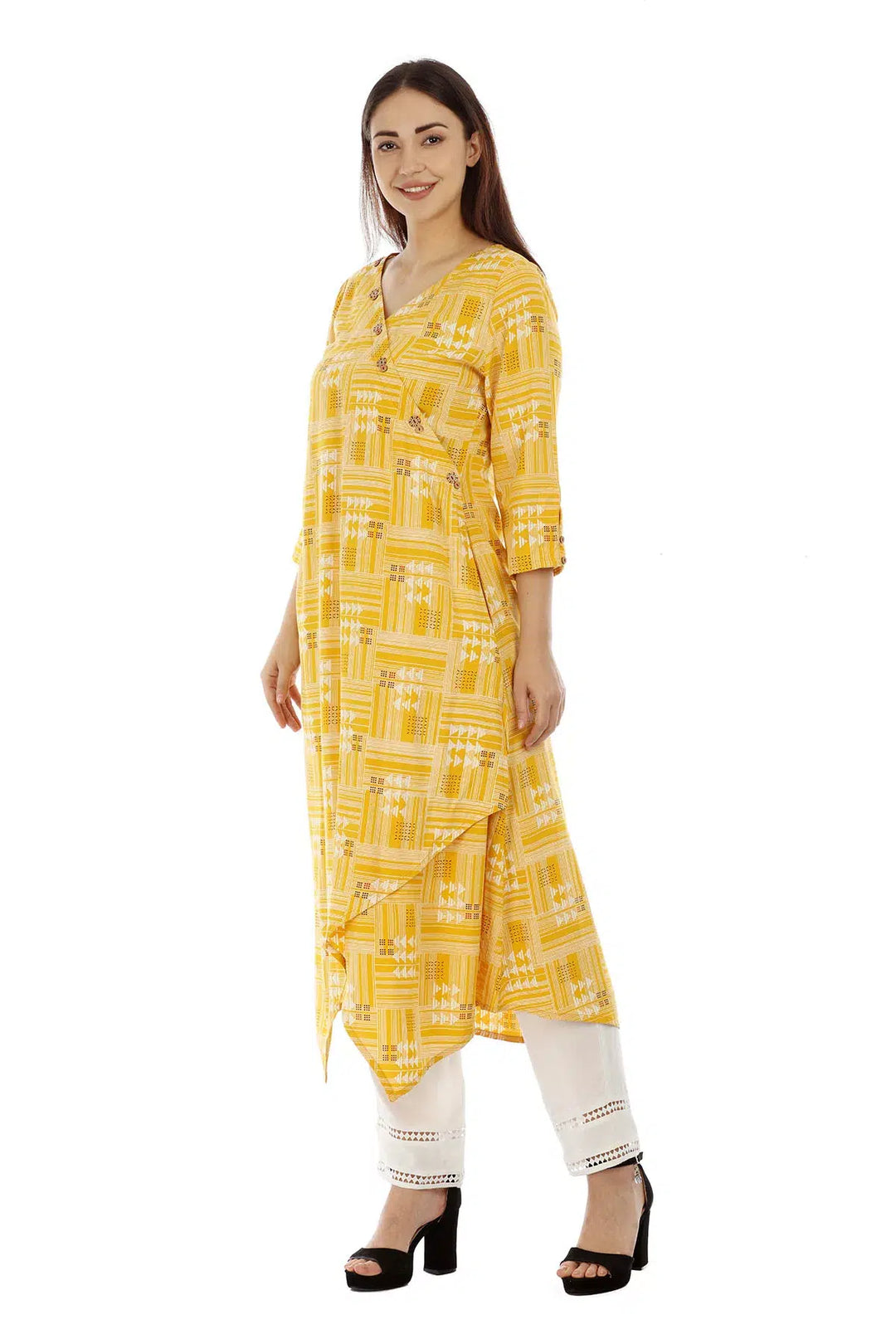 Yellow Printed Viscose Kurti