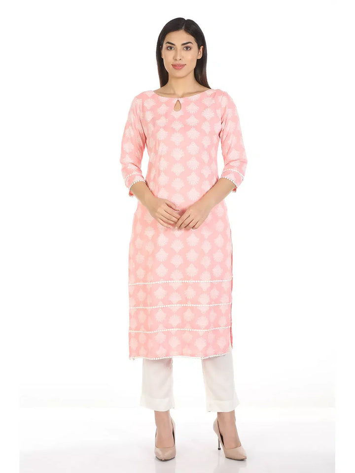 Peach Printed Viscose A-Line Kurti