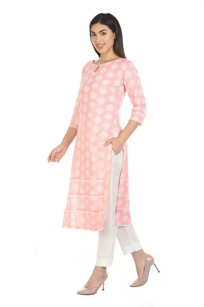 Peach Printed Viscose A-Line Kurti
