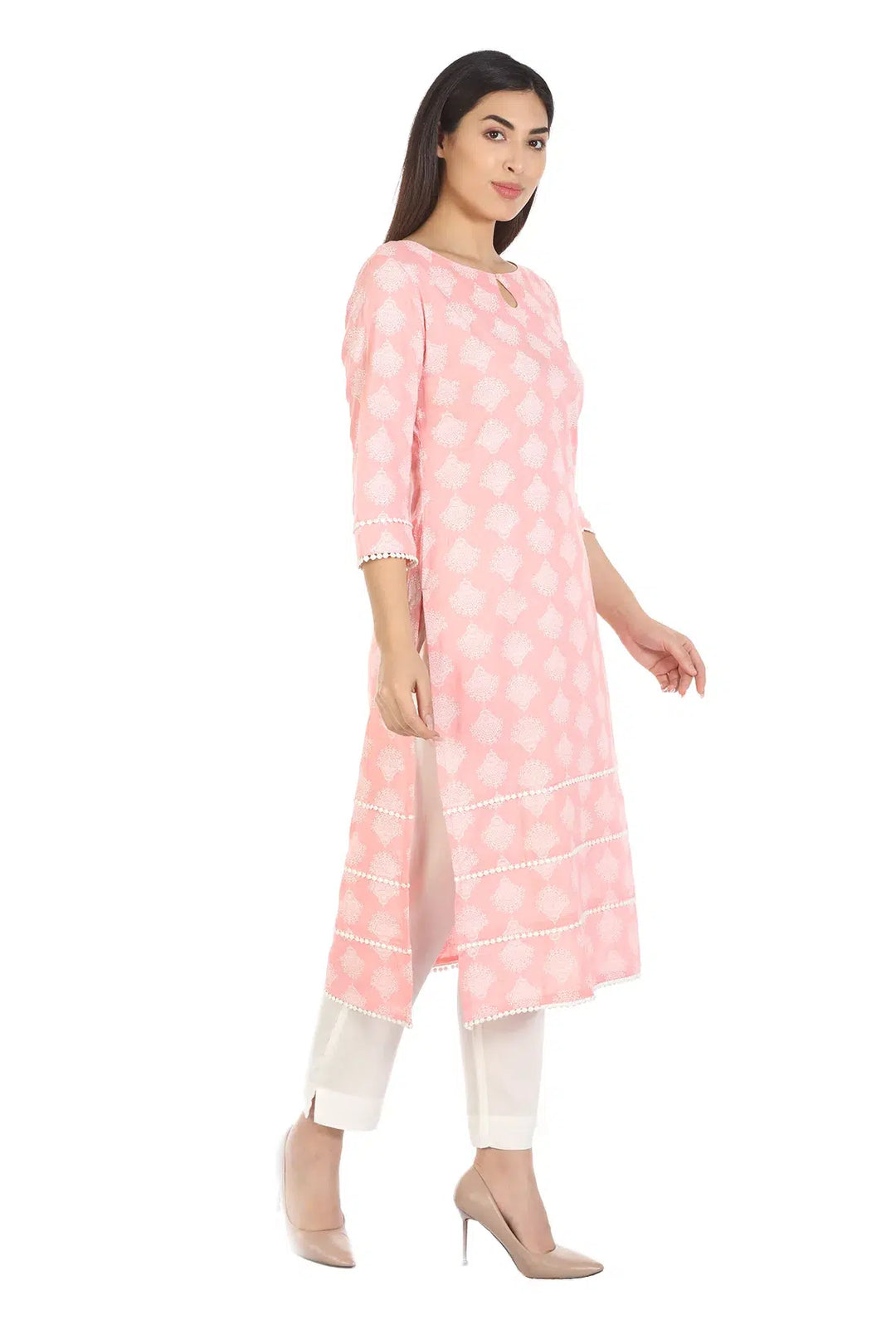 Peach Printed Viscose A-Line Kurti
