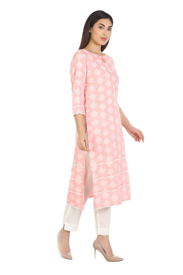 Peach Printed Viscose A-Line Kurti