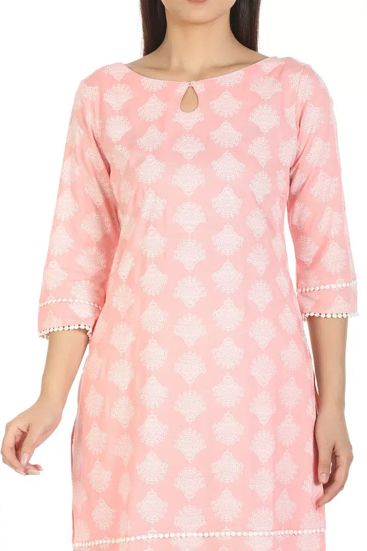 Peach Printed Viscose A-Line Kurti