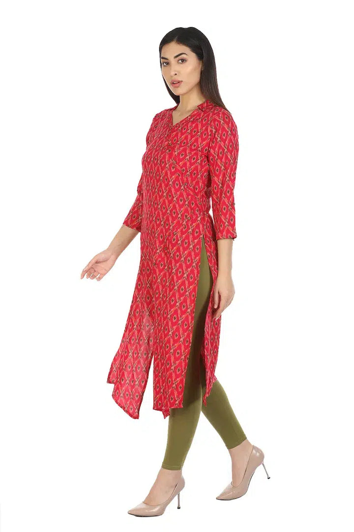 Red Printed Viscose A-Line Kurti