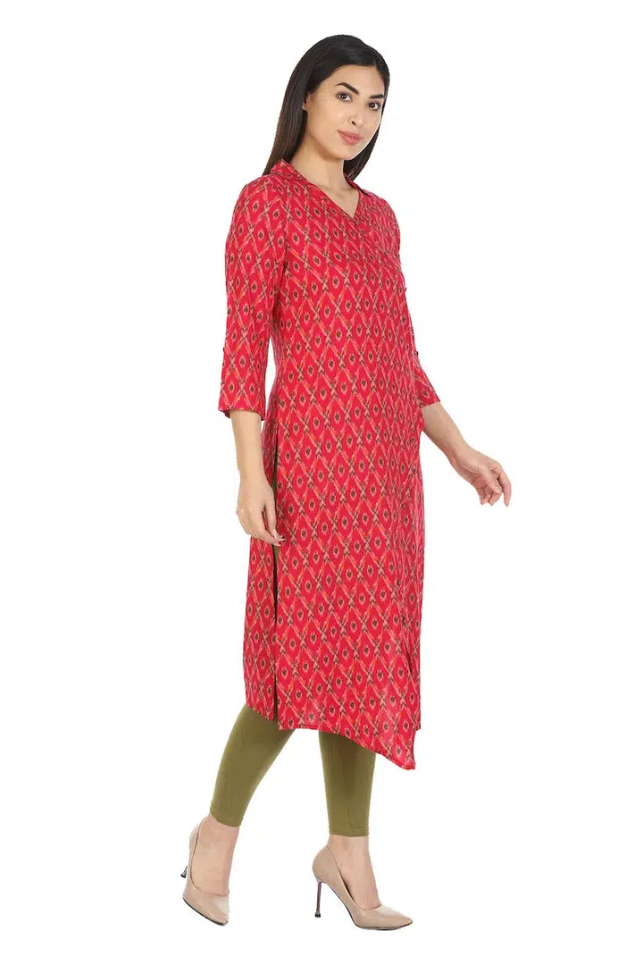Red Printed Viscose A-Line Kurti