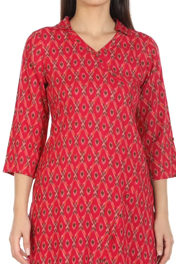 Red Printed Viscose A-Line Kurti