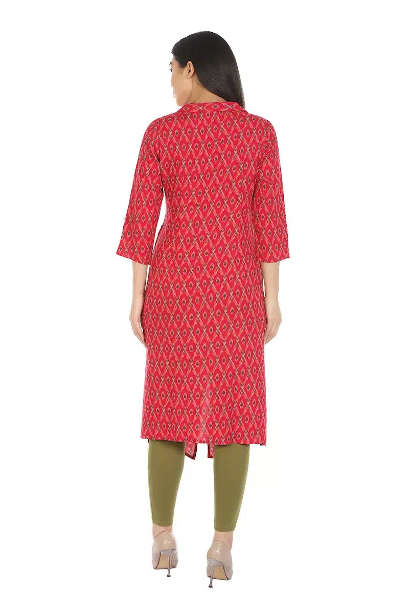 Red Printed Viscose A-Line Kurti
