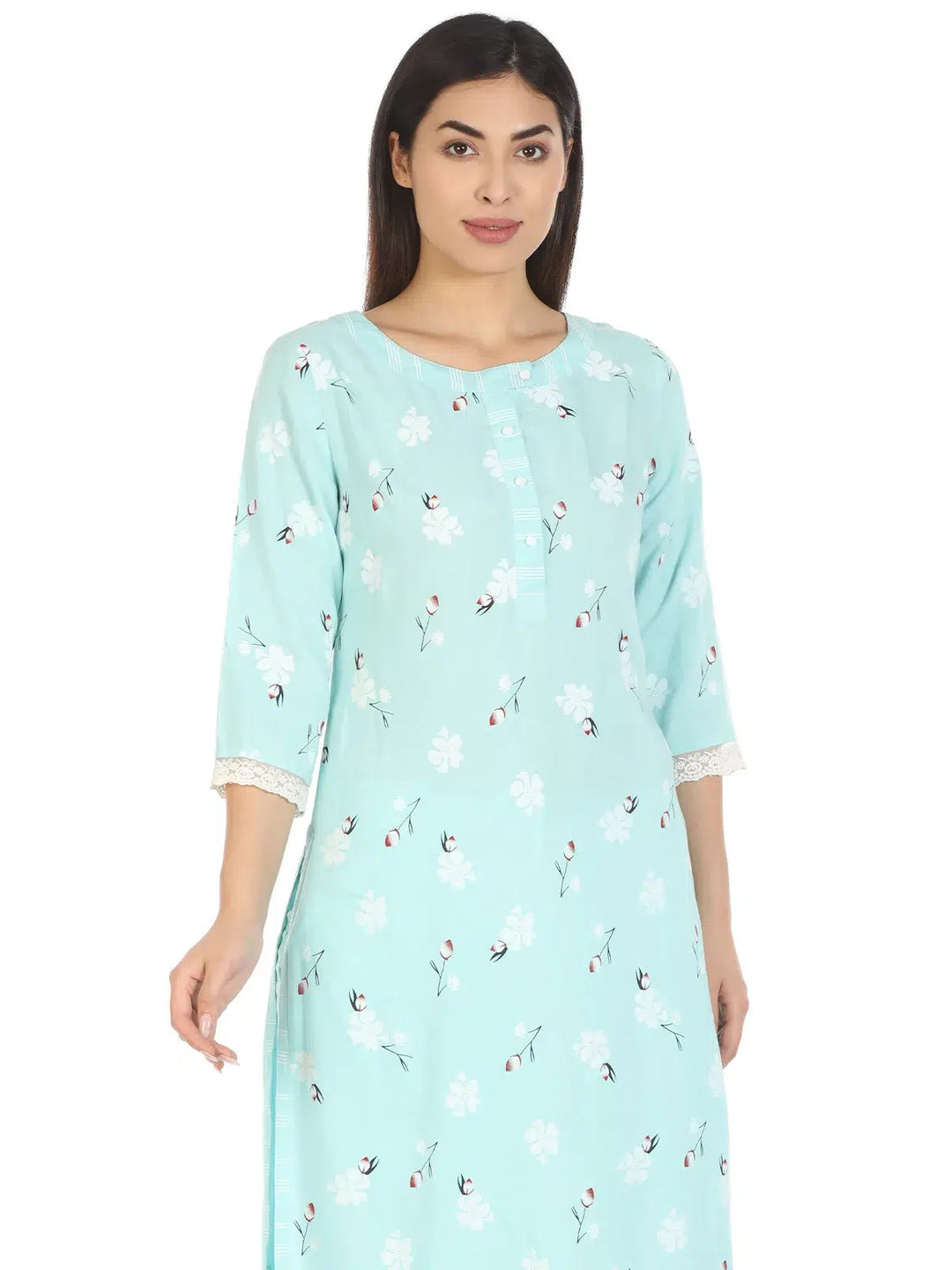 Mint Blue Printed Viscose A-Line Kurti