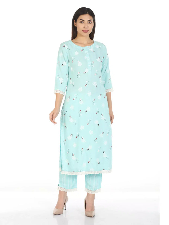 Mint Blue Printed Viscose A-Line Kurti