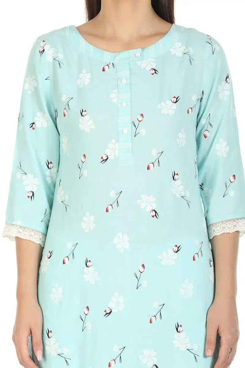 Mint Blue Printed Viscose A-Line Kurti