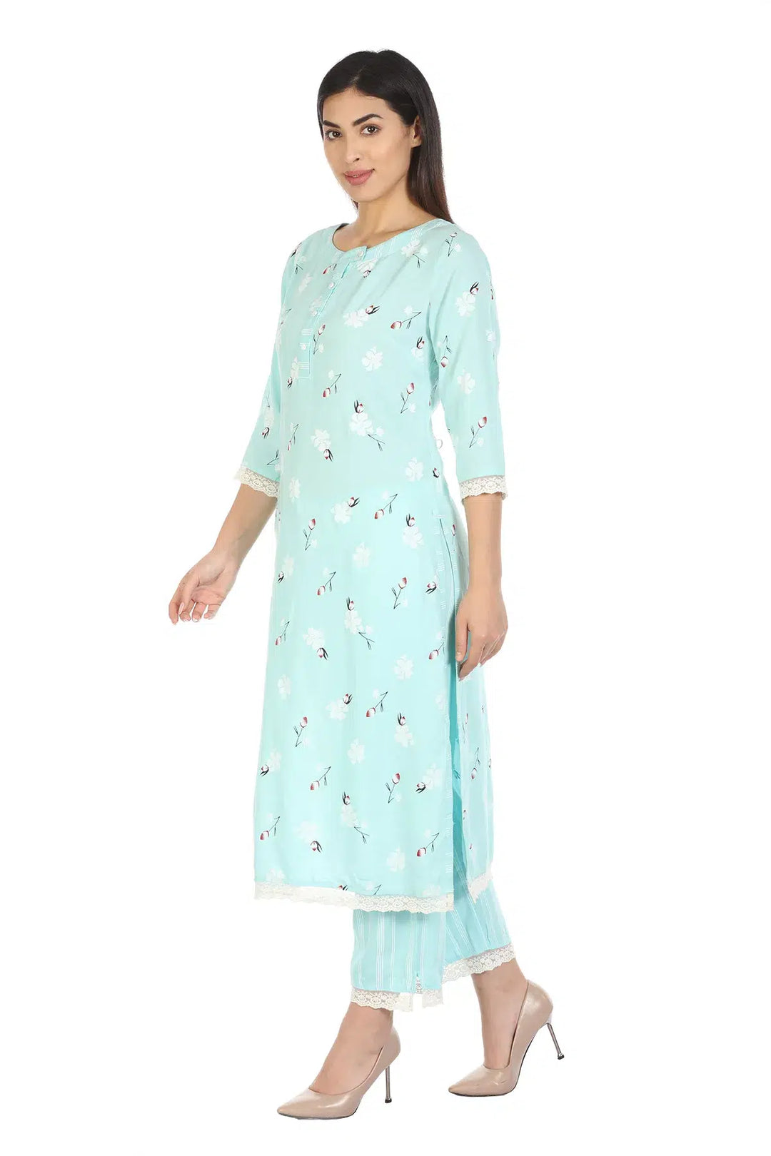 Mint Blue Printed Viscose A-Line Kurti