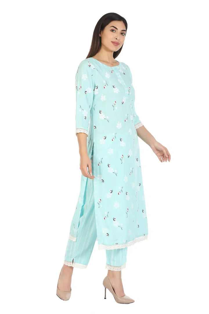 Mint Blue Printed Viscose A-Line Kurti