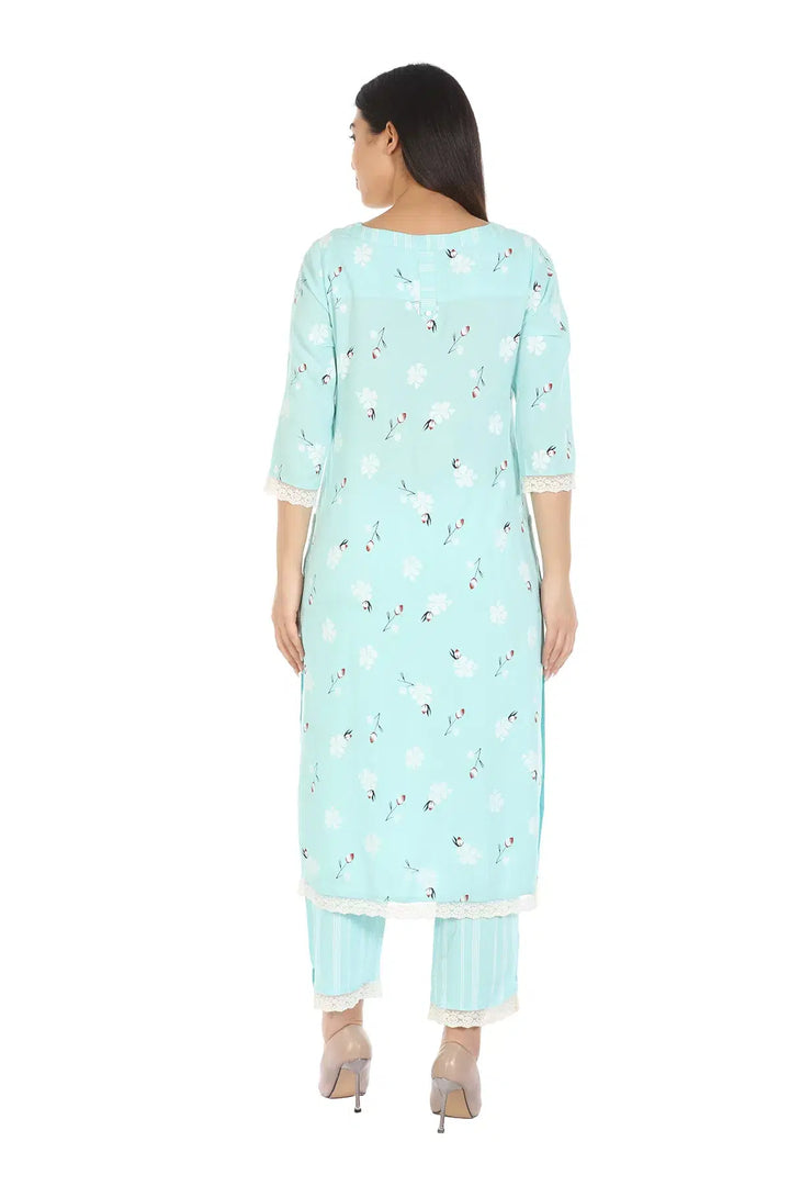 Mint Blue Printed Viscose A-Line Kurti
