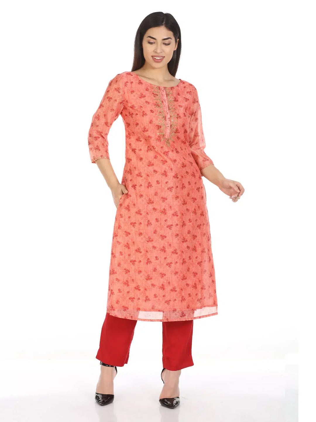 Peach Polyester Printed Kurti