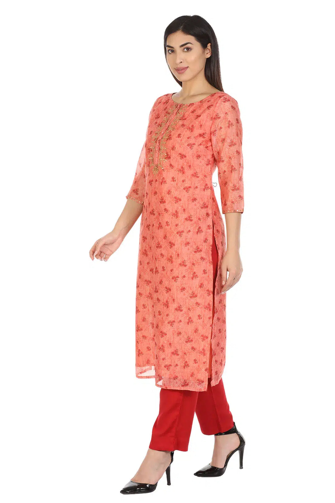 Peach Polyester Printed Kurti